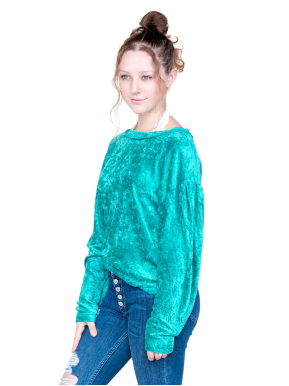 Free People Milan Teal Crushed Velvet Long Sleeve Top Small - Picture 4 of 13